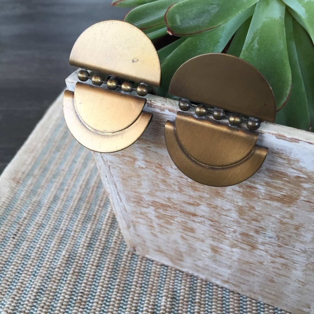 VINTAGE Brushed Gold, Bronze Geometric Mid Century Statement Earrings